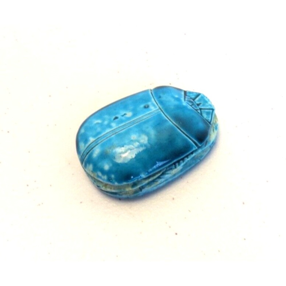 Turquoise Ceramic Egyptian Scarab Hieroglyphics Paperweight Figurine